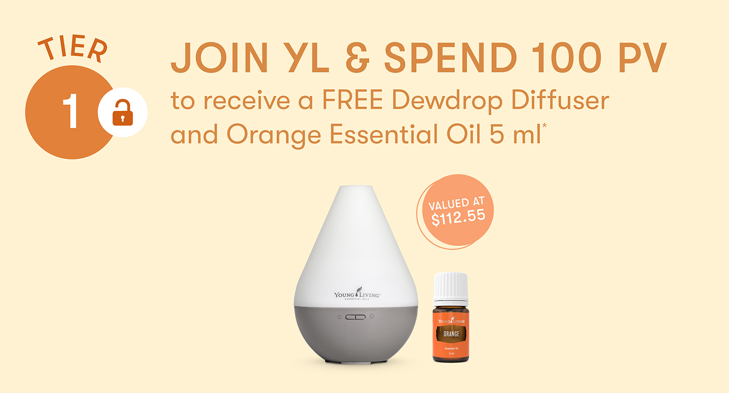 JOIN YL & SPEND 100 PV to receive a FREE Dewdrop Diffuser and Orange Essential Oil 5 ml