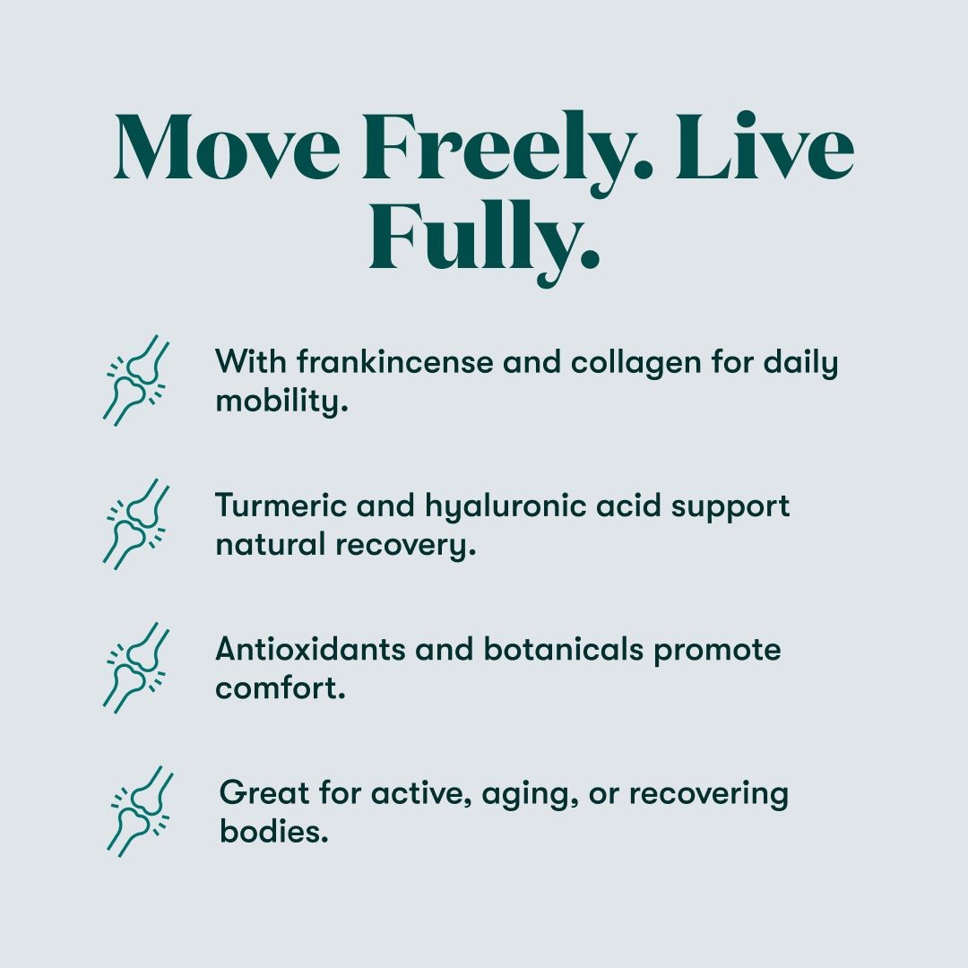 Text graphic highlighting benefits of AgilEase, including frankincense and collagen for mobility, turmeric and hyaluronic acid for recovery, and botanicals for comfort. Headline reads: Move Freely. Live Fully. with supporting icons.