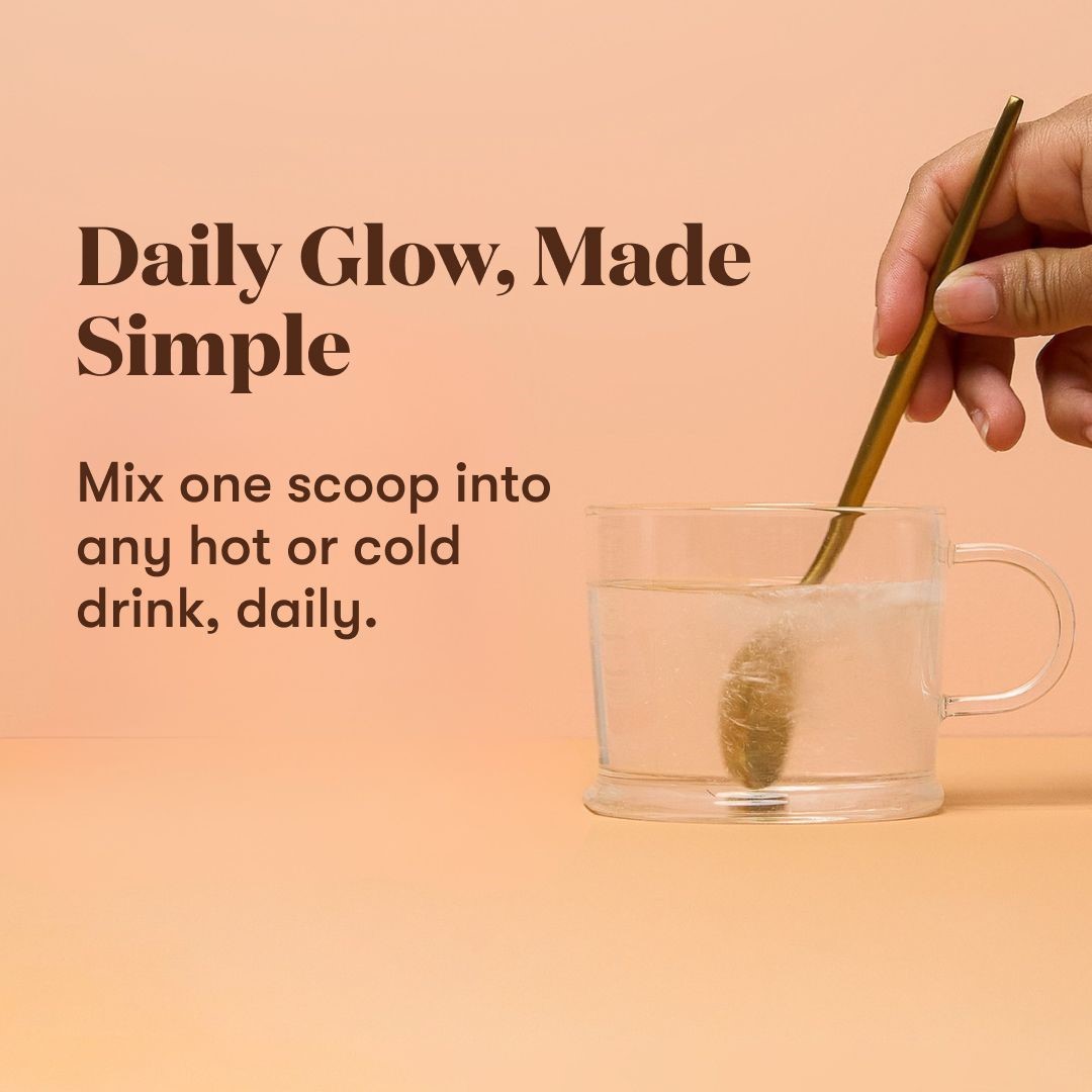 A hand stirs a clear drink in a glass mug using a gold spoon, set against a peach-colored background. Text reads: Daily Glow, Made Simple – Mix one scoop into any hot or cold drink, daily.