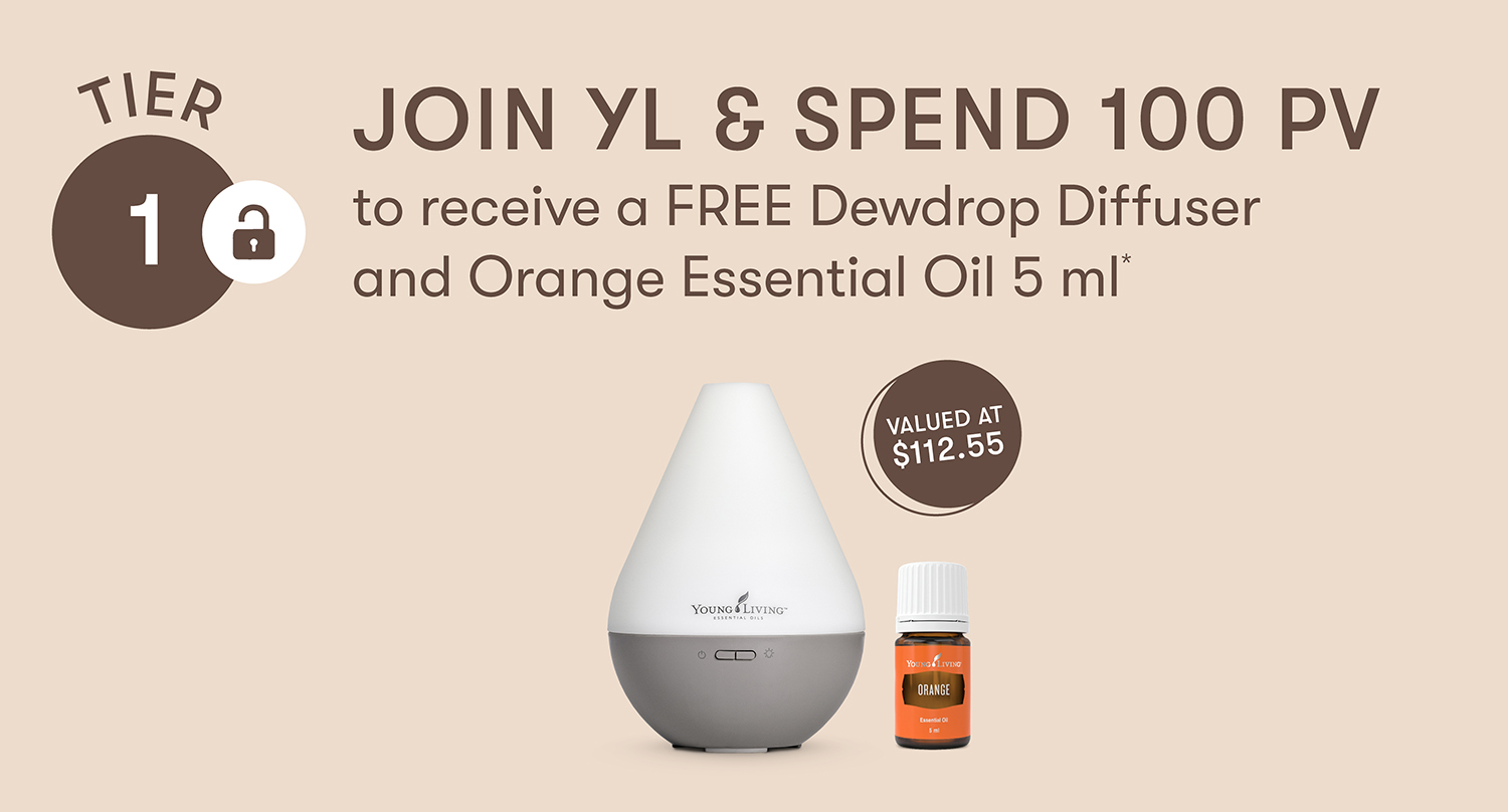 JOIN YL & SPEND 100 PV to receive a FREE Dewdrop Diffuser and Orange Essential Oil 5 ml