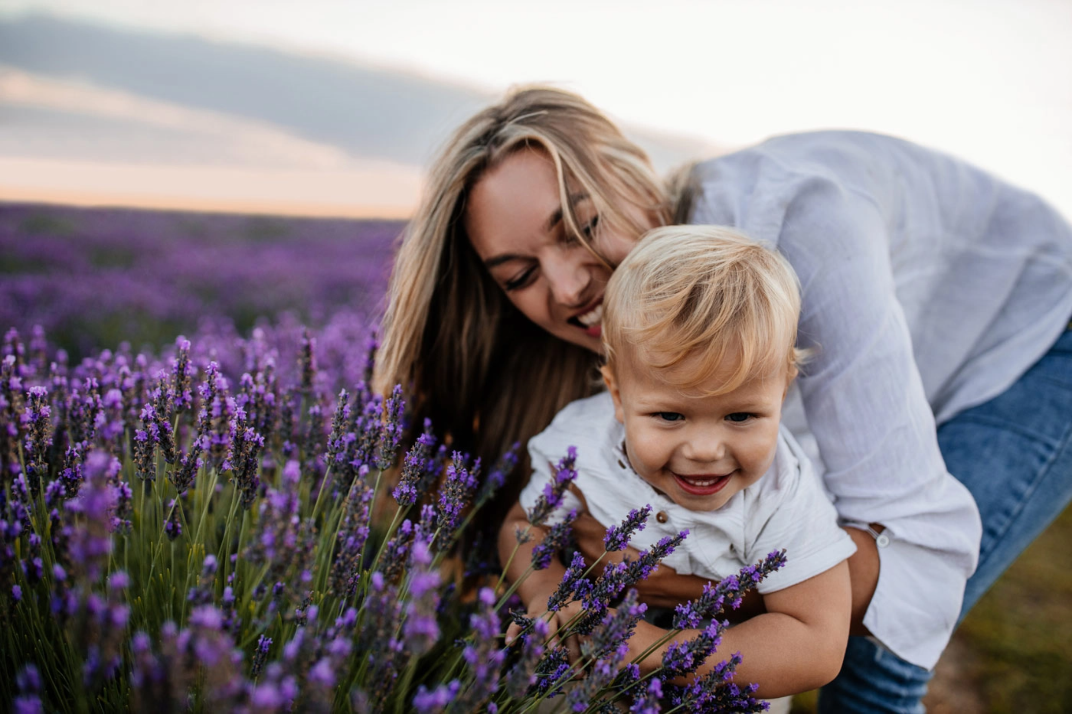 Hijo de madre sosteniendo en un campo de lavanda