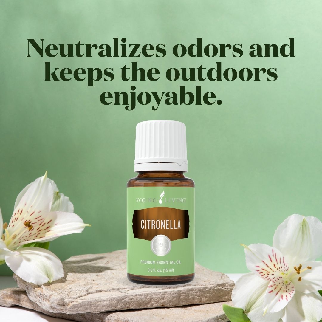Citronella oil against green background. Text reads: Neutralizes odors and keeps the outdoors enjoyable.