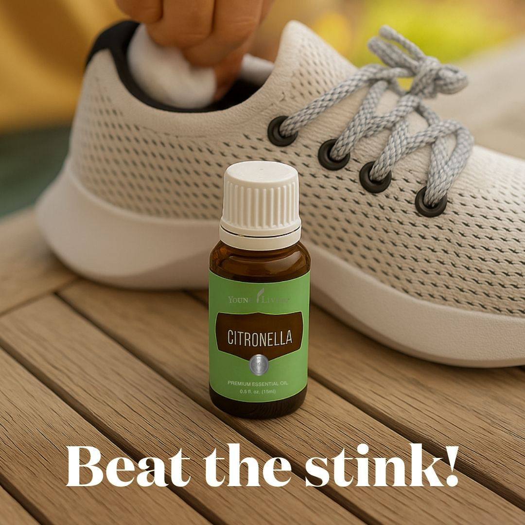 Citronella oil with tennis shoe in background. Text reads: Beat the stink