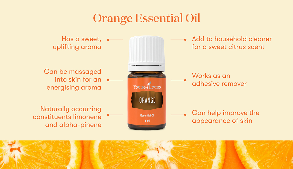Orange Essential Oil

→ Add to household cleaner for a sweet citrus scent Works as an adhesive remover → Can help improve the appearance of skin

Has a sweet, uplifting aroma Can be massaged into skin for an • energising aroma Naturally occurring constituents limonene and alpha-pinene

YOUNG LIVING ORANGE Essential Oil 5 ml