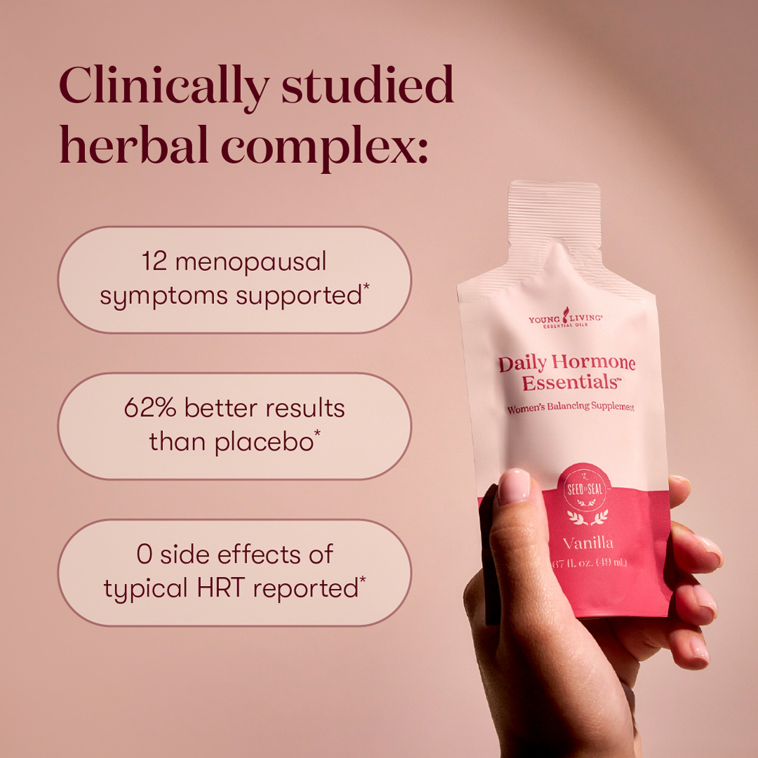 A hand holds a pouch of Daily Hormone Essentials in front of a soft pink background. Text highlights key benefits of the supplement’s clinically studied herbal complex: supports 12 menopausal symptoms, delivers 62% better results than placebo, and shows no side effects associated with traditional HRT.