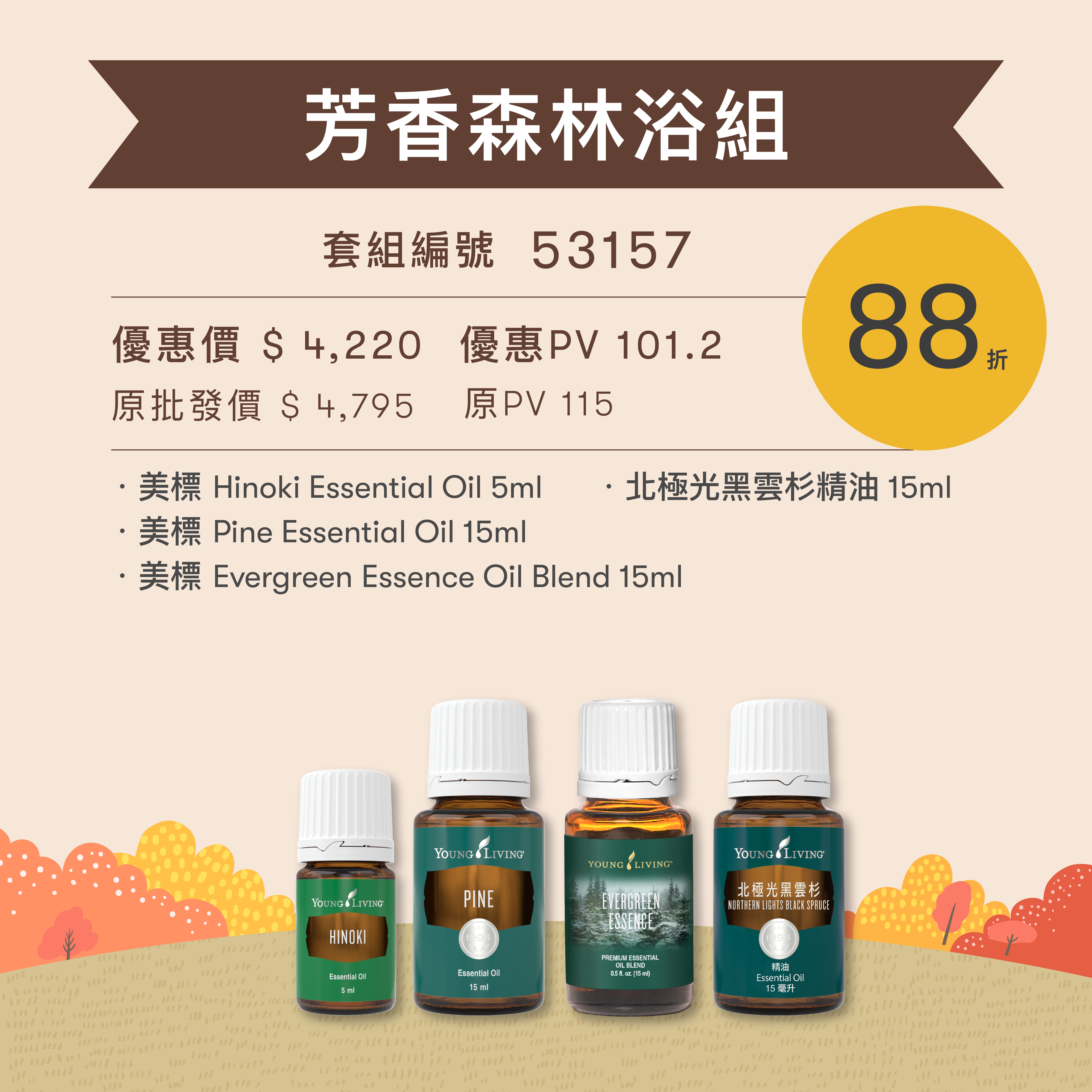 芳香森林浴組：北極光黑雲杉精油與美標 Hinoki、Pine、Evergreen Essence