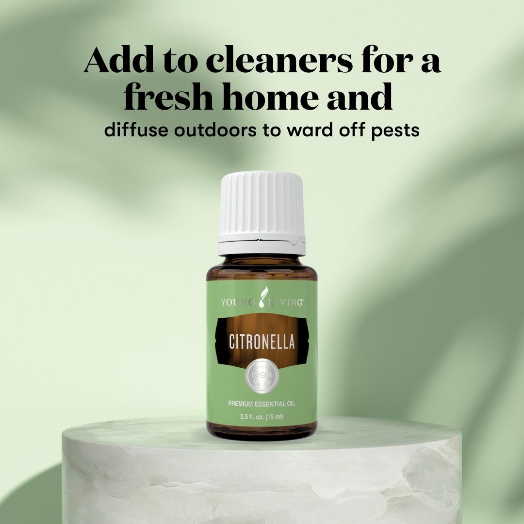 Citronella oil against green background. Text reads: Add to cleaners for a fresh home and diffuse outdoors to ward off pests.