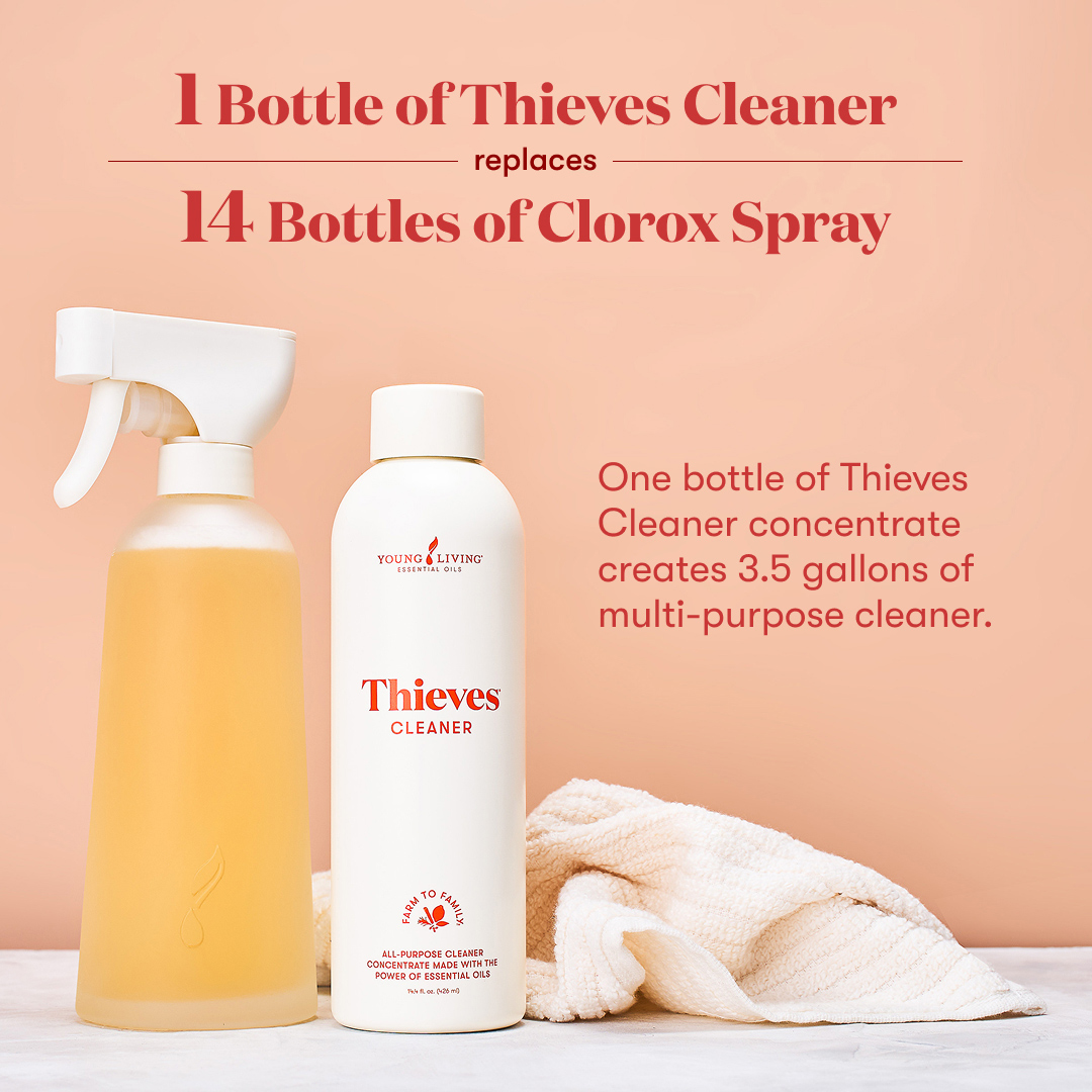 Thieves cleaner against a peach background. Text reads: 1 bottle of thieves cleaner replaces 14 bottles of clorox spray.