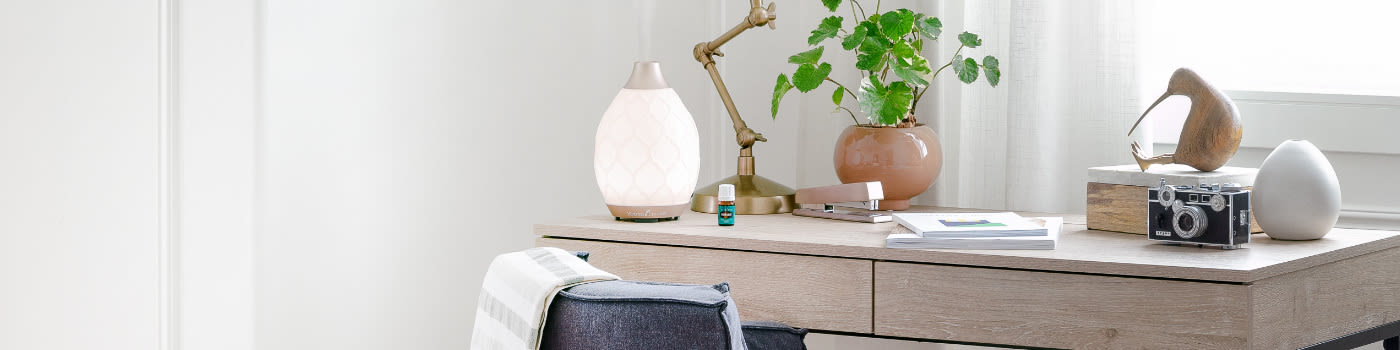 A neat, modern desk featuring a diffuser and a bottle of essential oil along with decorative accessories like a vintage camera and brass lamp, a plant, a small stack of books, and a wooden bird figurine on a box. 