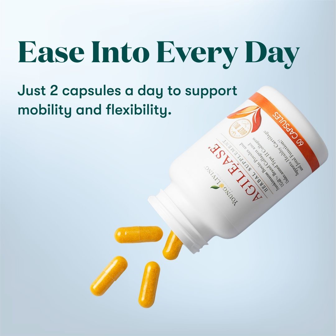 Young Living AgilEase bottle shown tilted with yellow capsules spilling out against a light blue background. Text overlay says: Ease Into Every Day – Just 2 capsules a day to support mobility and flexibility.