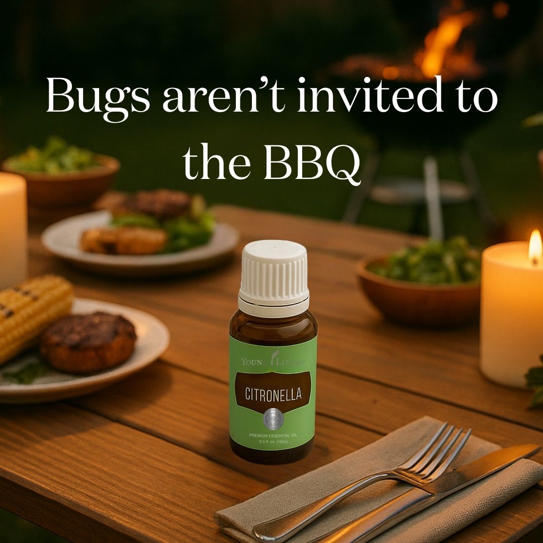 Citronella oil on outdoor dinner table. Text reads: Bugs aren't invited to the BBQ