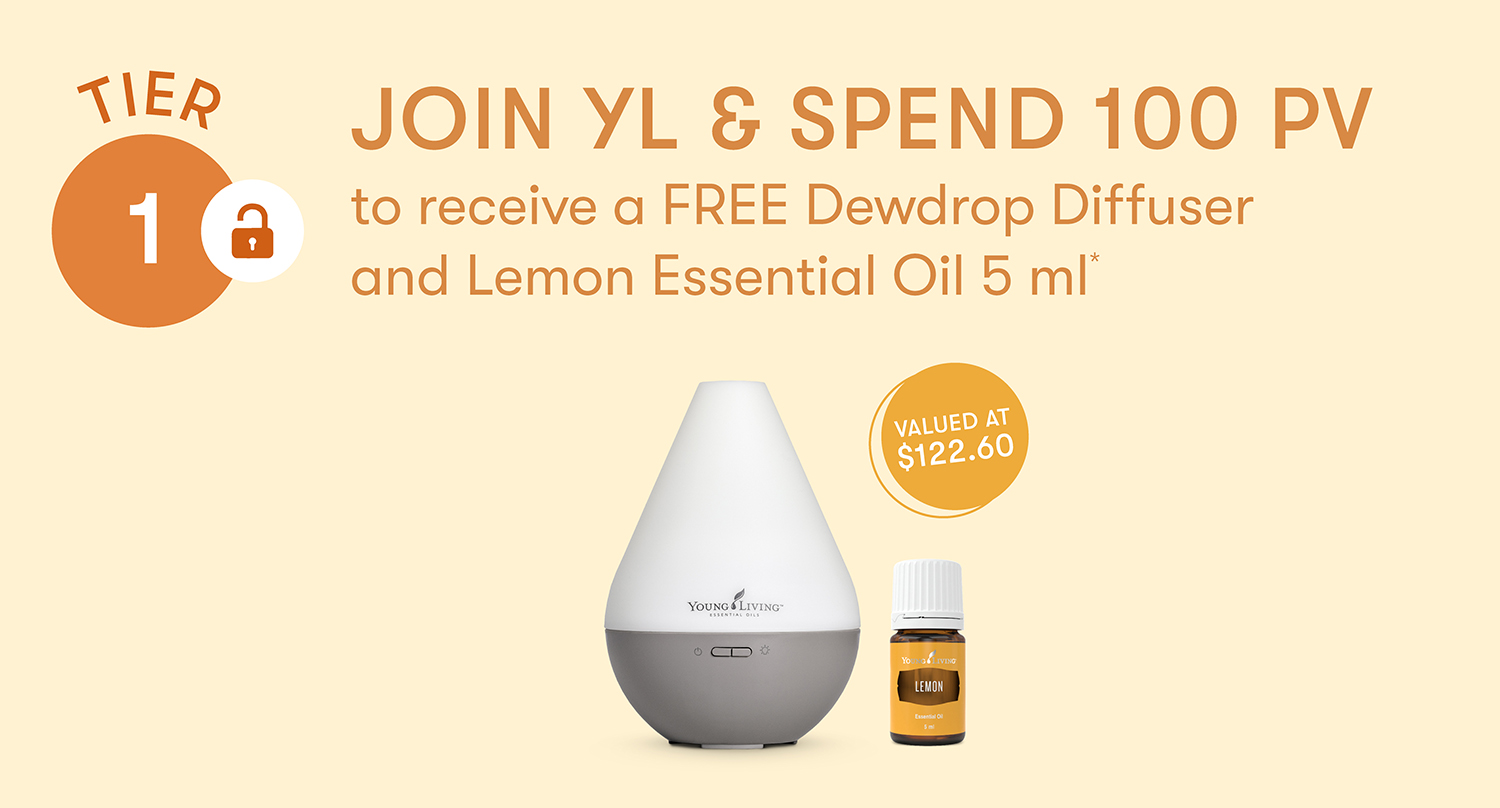 JOIN YL & SPEND 100 PV to receive a FREE Dewdrop Diffuser and Lemon Essential Oil 5 ml