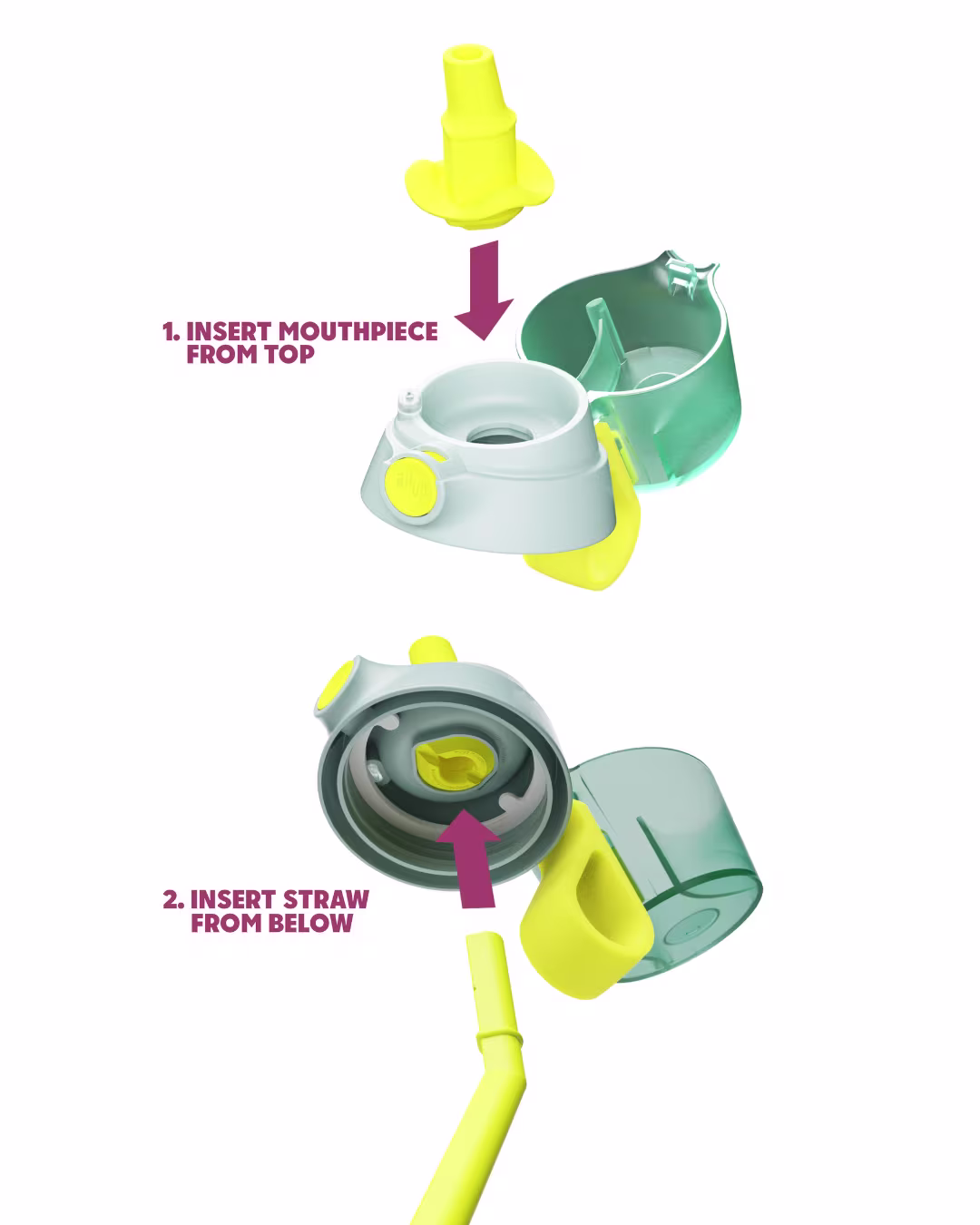 Visuell instruktion steg 1: sätt i det gula munstycket uppifrån i det grå flasklocket. En rosa pil pekar nedåt för att visa riktningen.