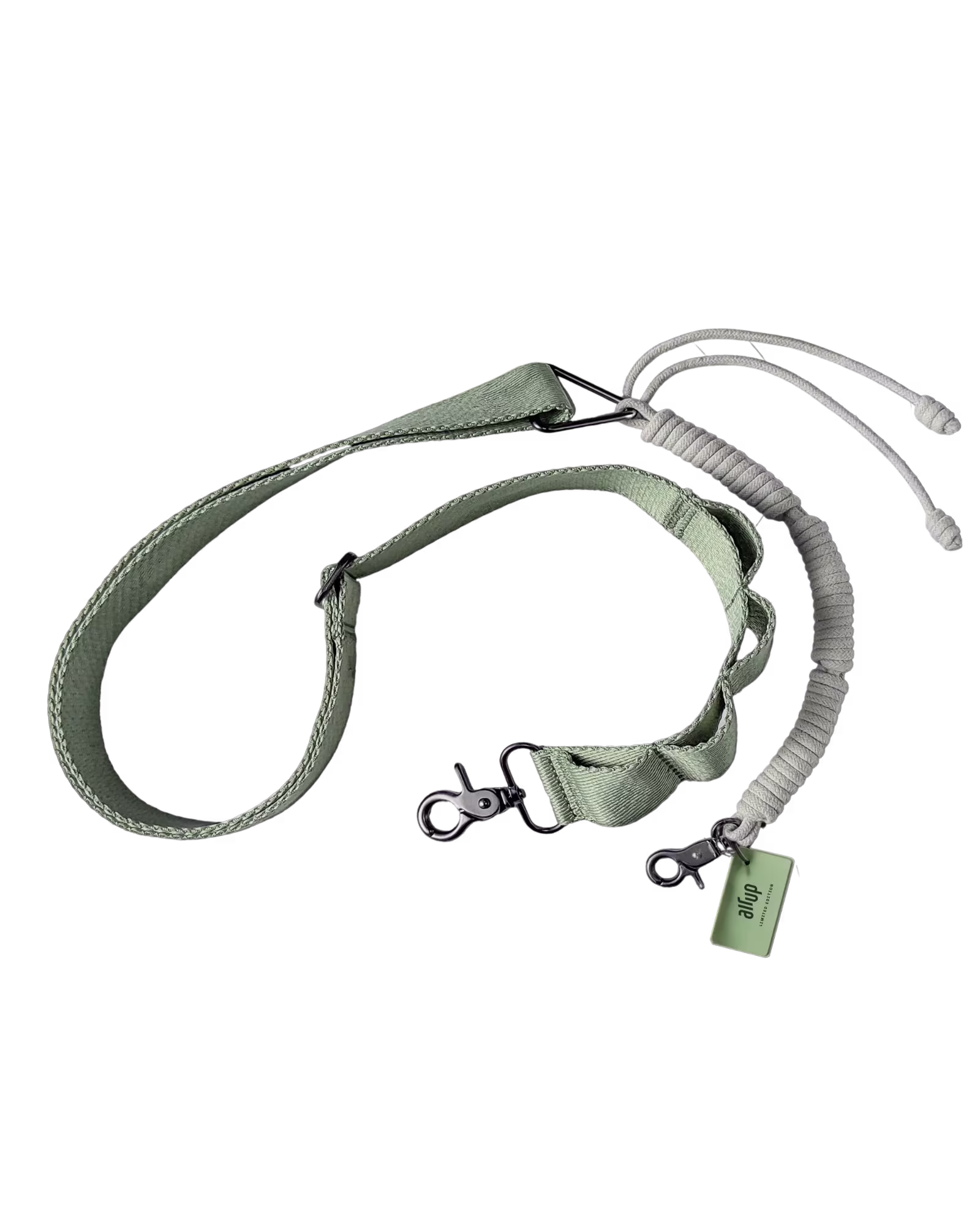 Green camouflage strap with a cream cord and two carabiner hooks