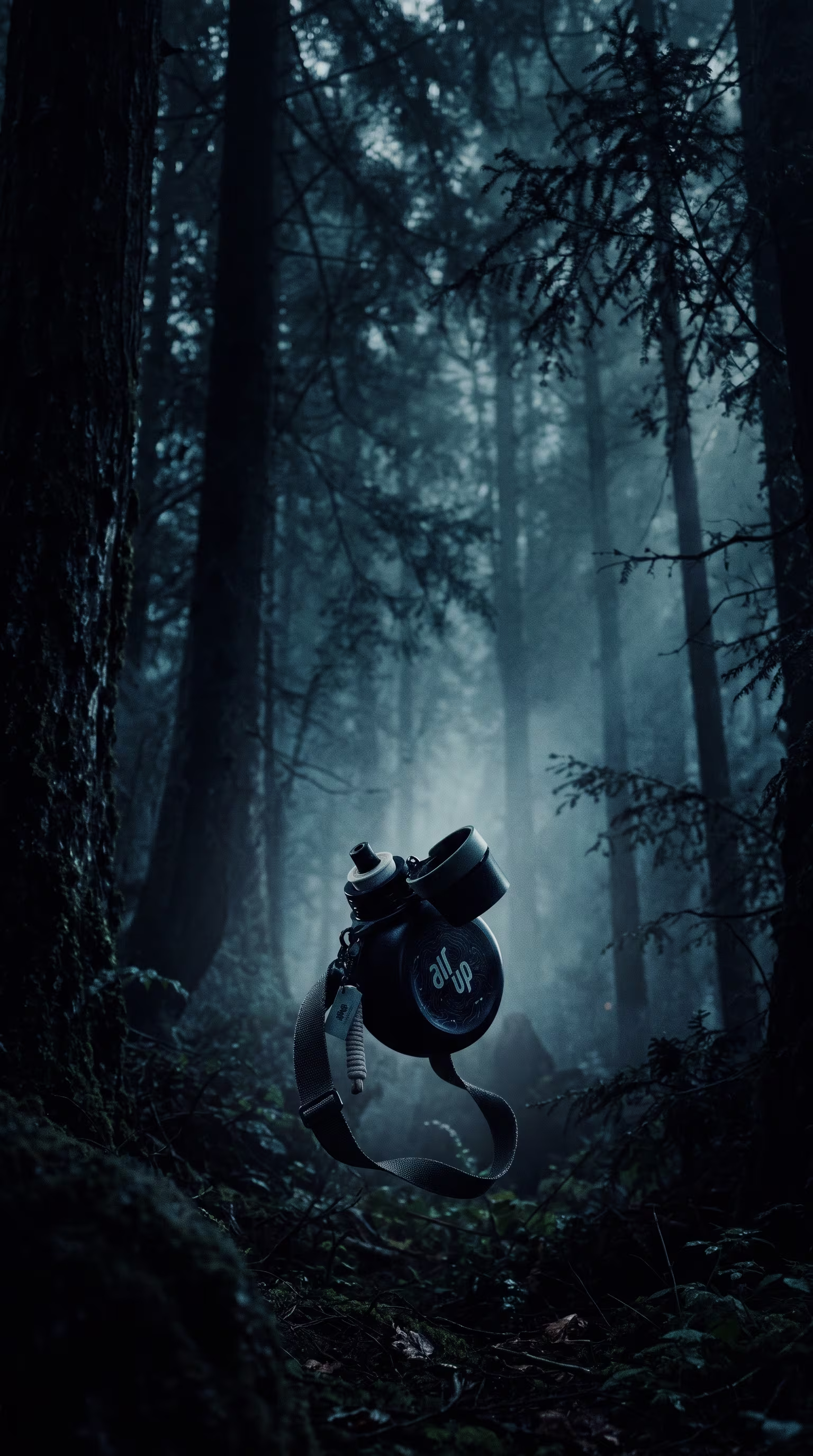 The air up x Inoxtag bottle with its strap floating in a dark, misty forest