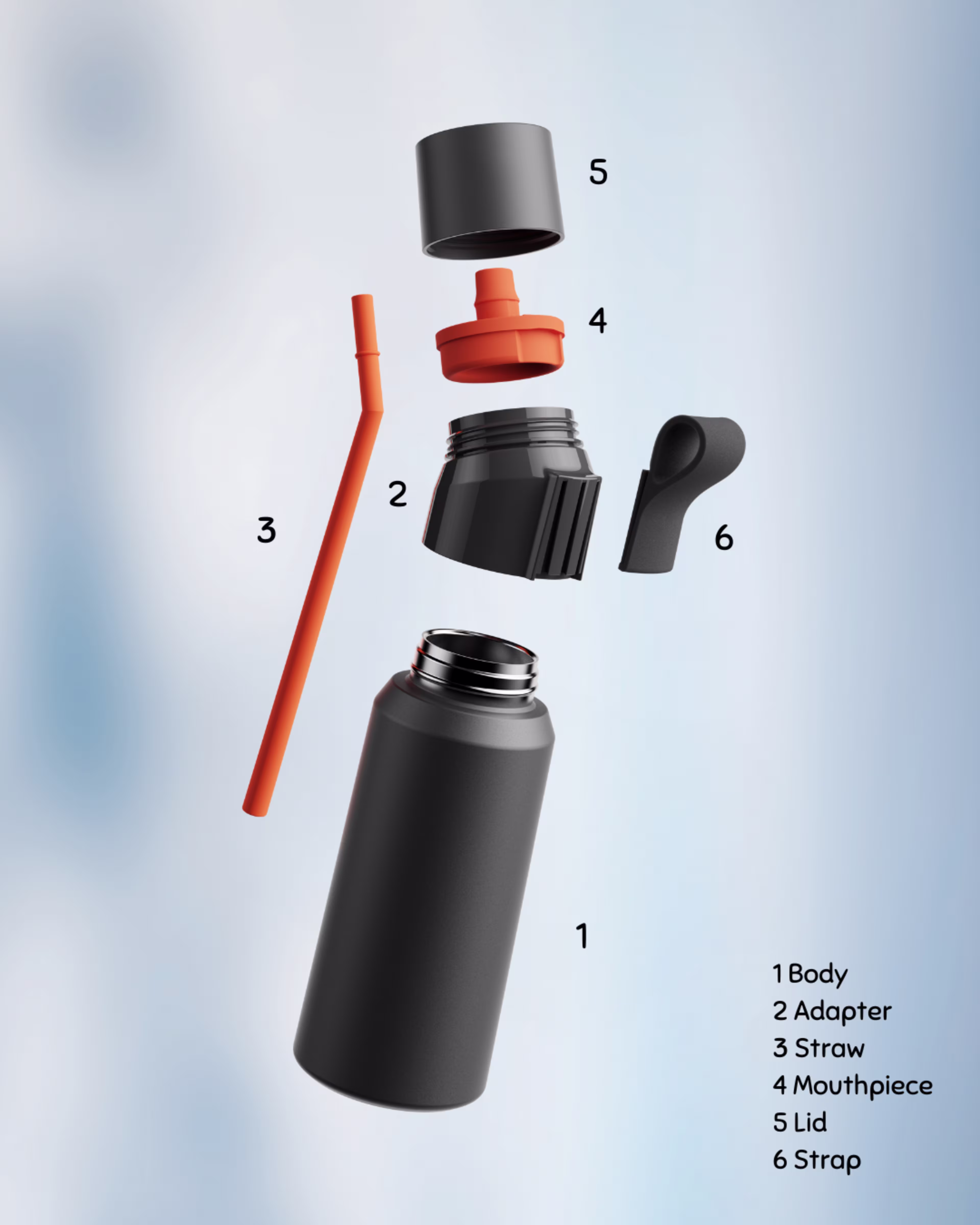 Twist Pro Steel bottle with numbered parts: 1. Body, 2. Adapter, 3. Straw, 4. Mouthpiece, 5. Lid, 6. Strap.