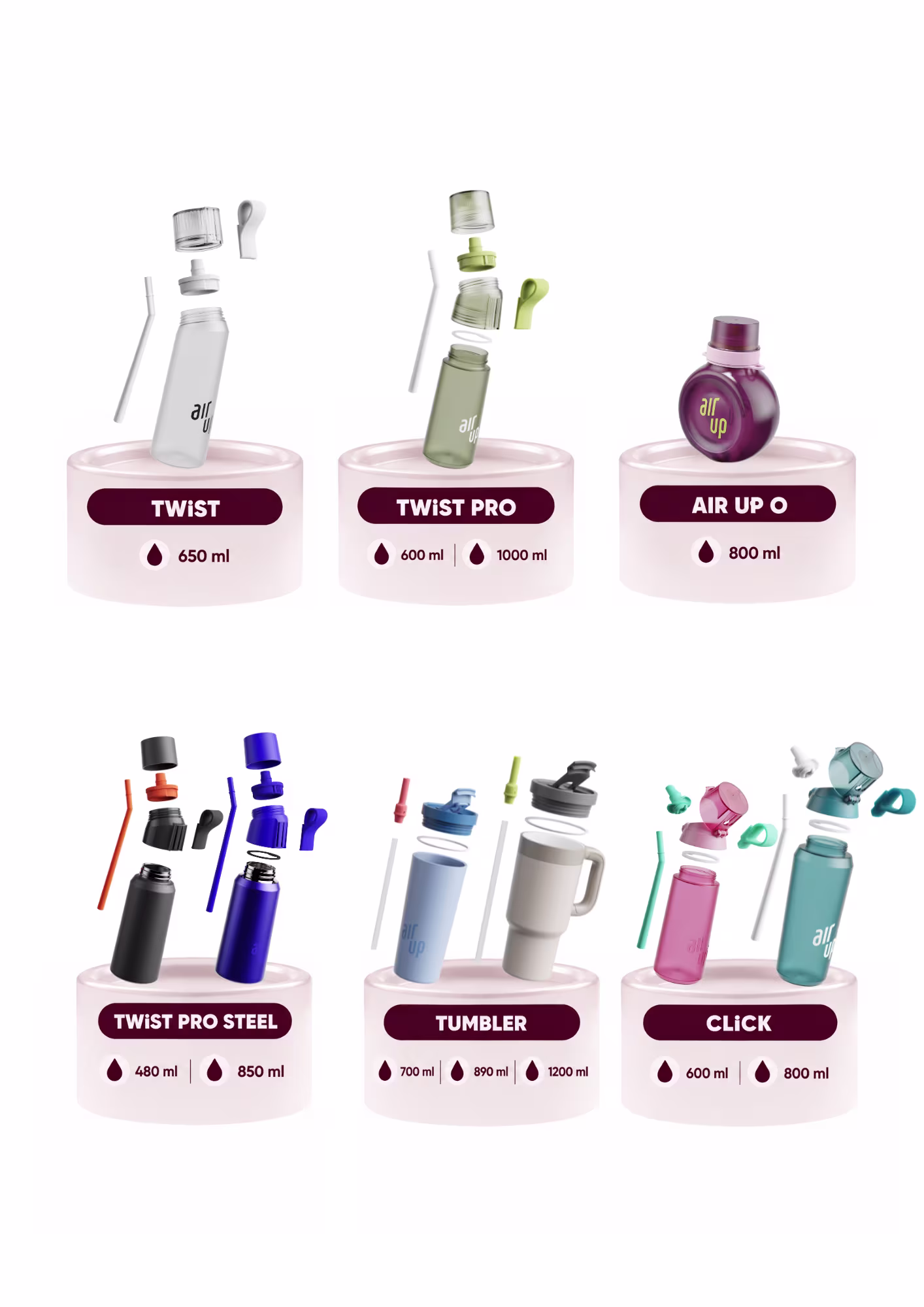 Du siehst die verschiedenen Flaschen, die wir verkauft haben: Twist, Twist Pro, air up® O, Twist Pro Steel, Tumbler und Click.
