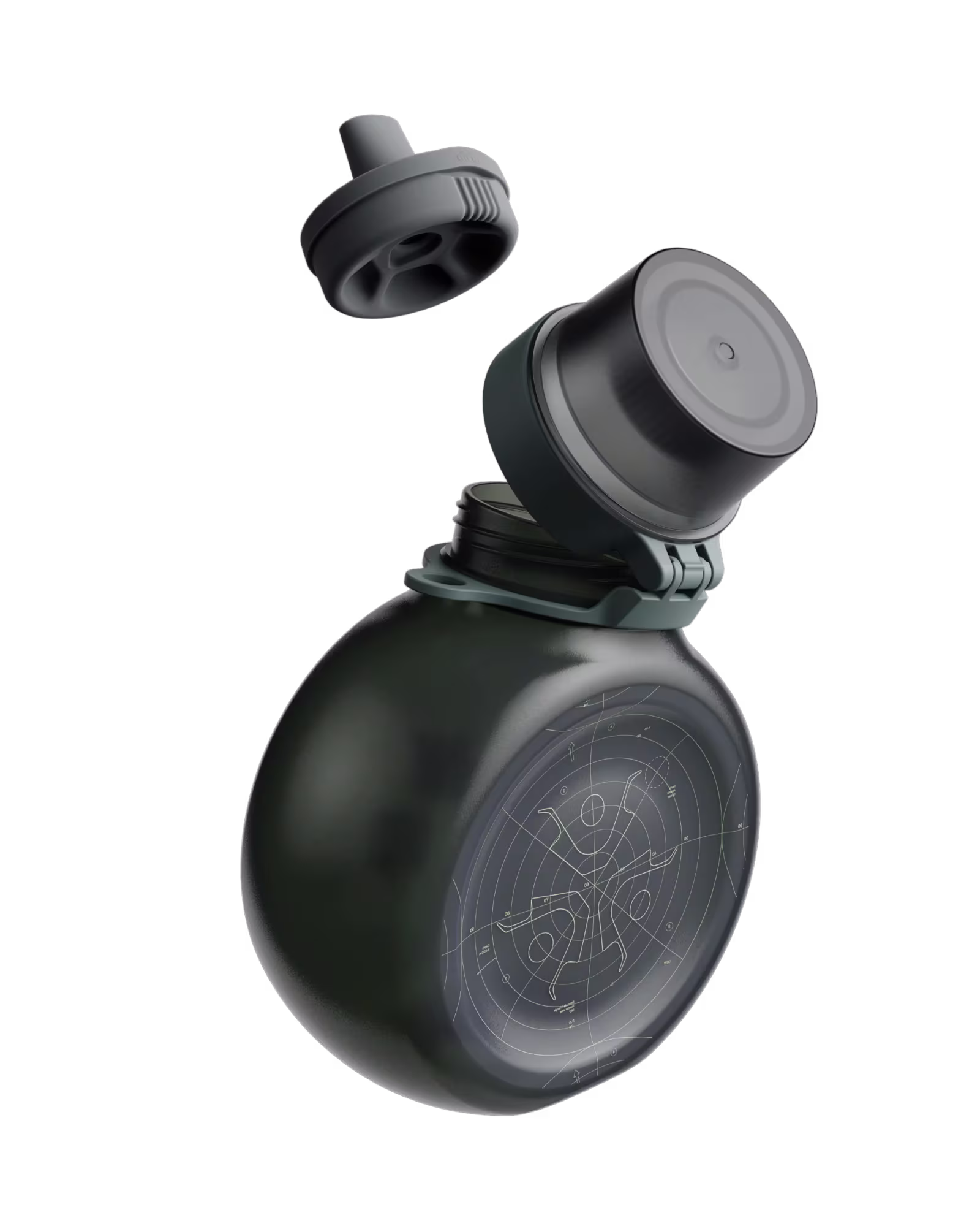 The Blood Island bottle open, with the mouthpiece above and the island symbols engraved on its face