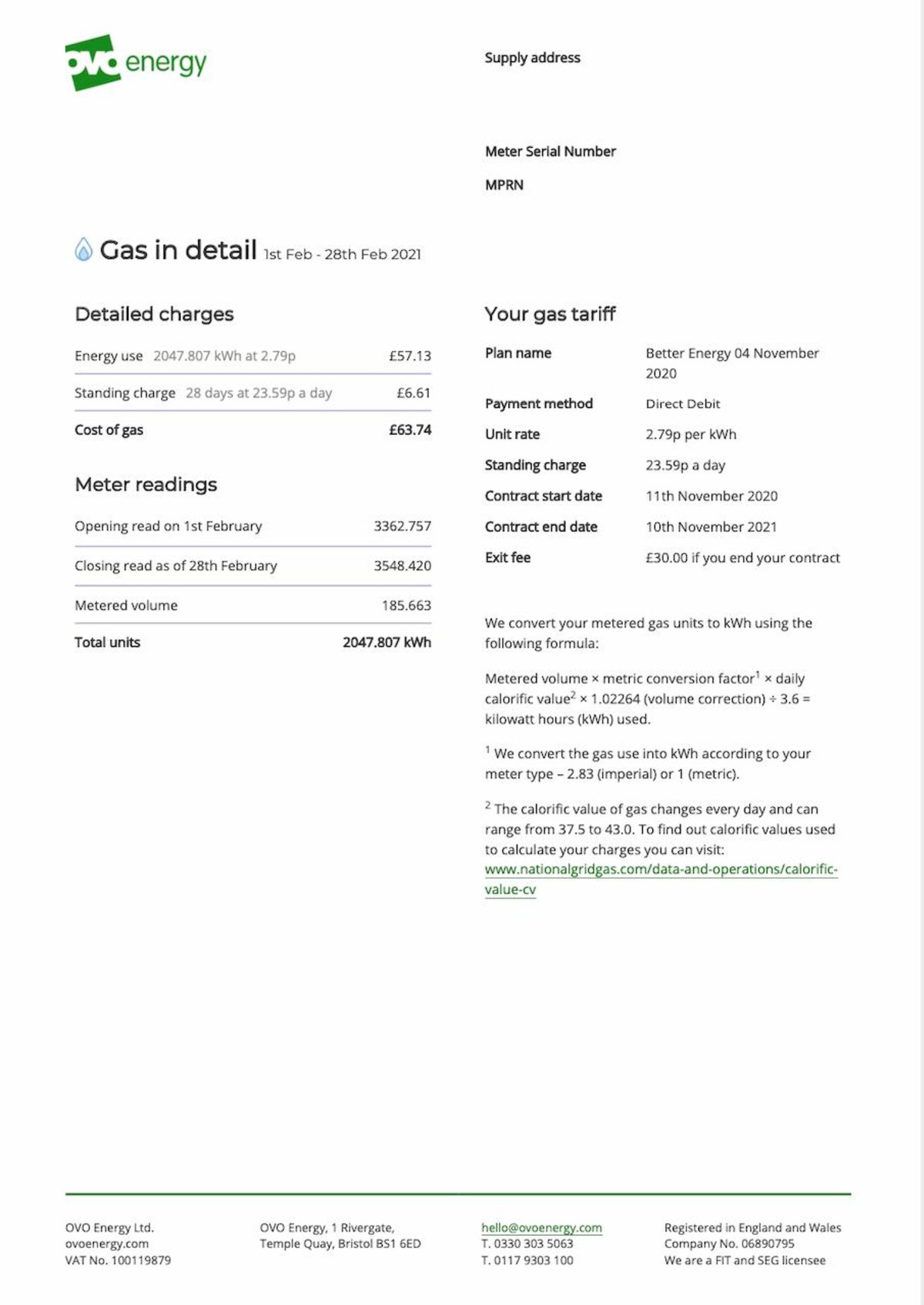 OVO Energy Bill example - gas in detail