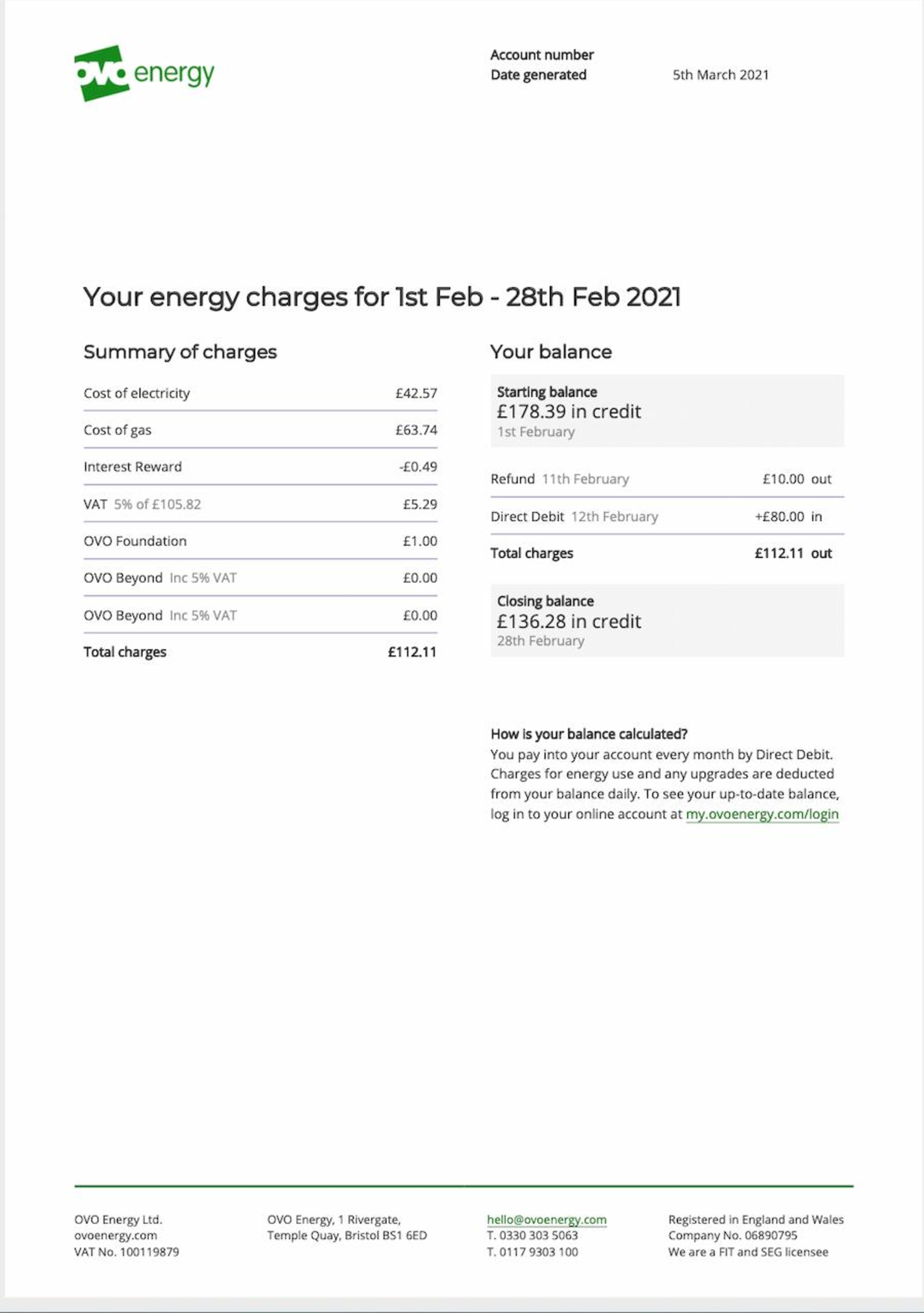 Direct Energy Invoice Example Monthly bills & statements: energy charges explained | OVO Energy