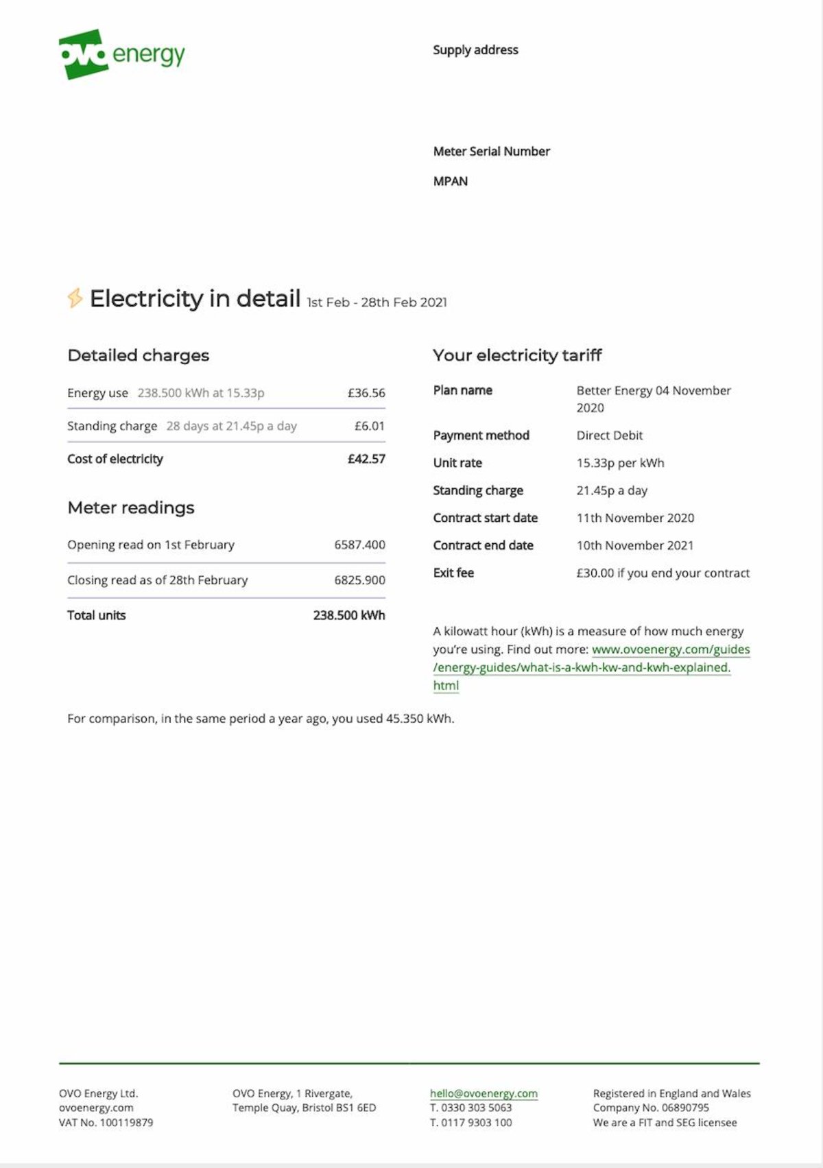 OVO Energy Bill example - electricity in detail