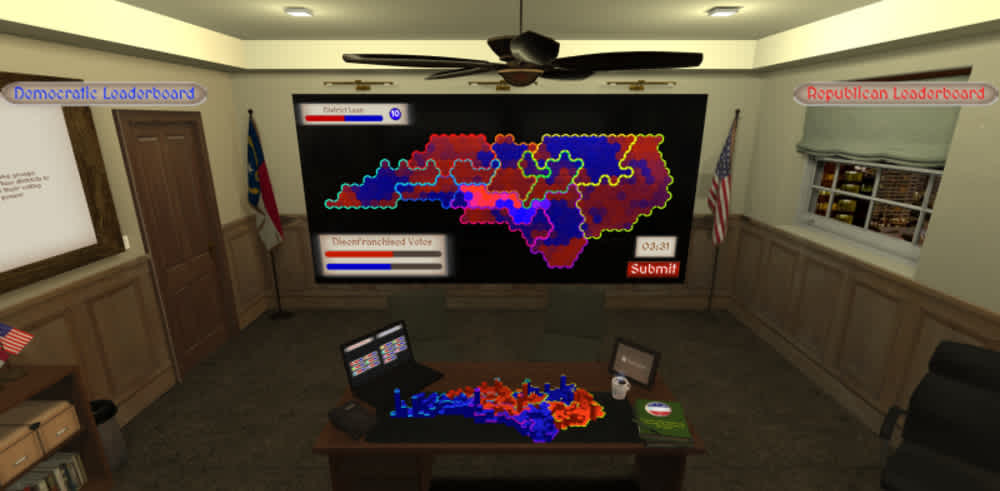 Gerrymander Madness Office in VR with NC district maps