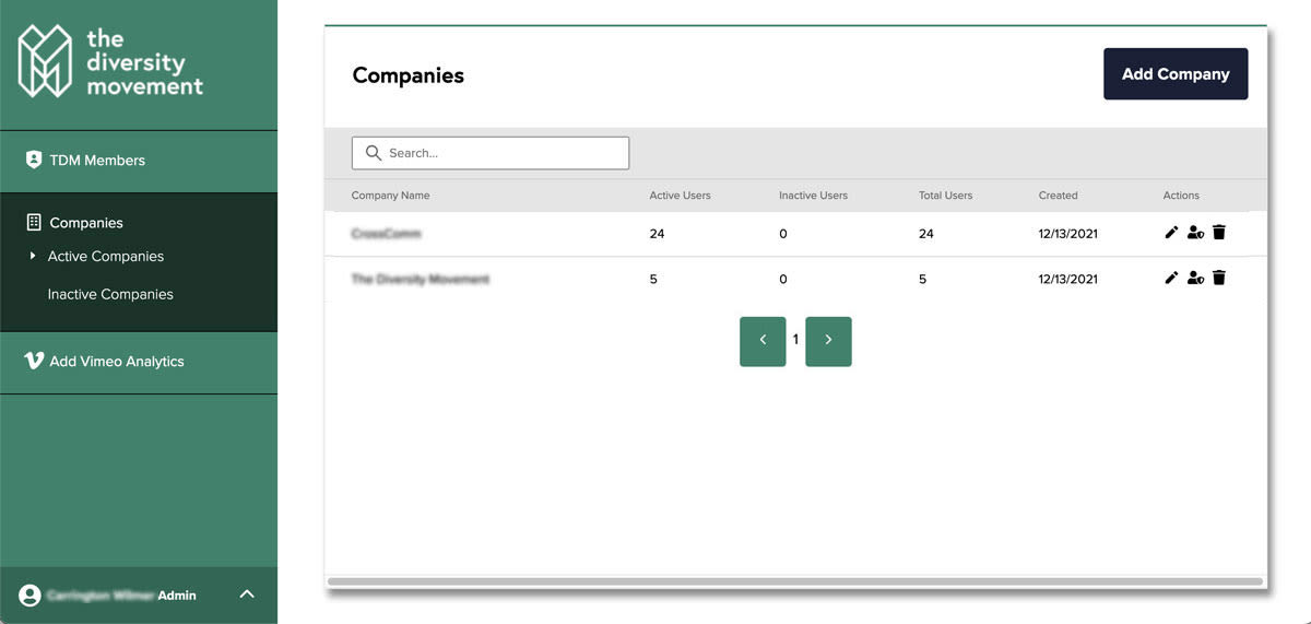 Screenshot of the companies page of TDM's video portal