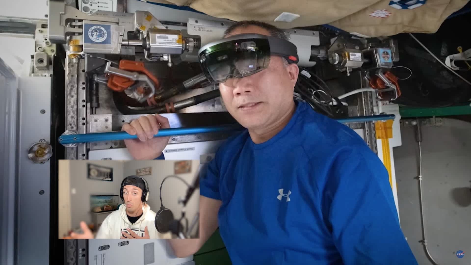 Shane explains NASA's use of the Microsoft Hololens on the International Space Station over the image of an astronaut using the device.