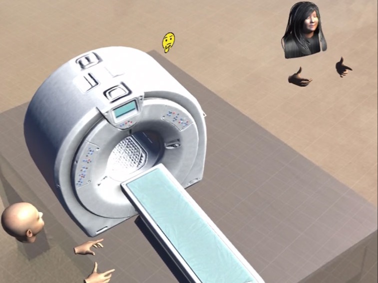 Screen shot of AR app with 2 avatars and a 3D rendering of an MRI machine