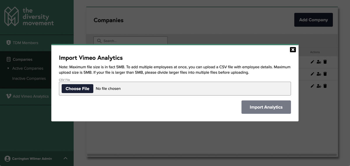 Screenshot of TDM analytics upload page