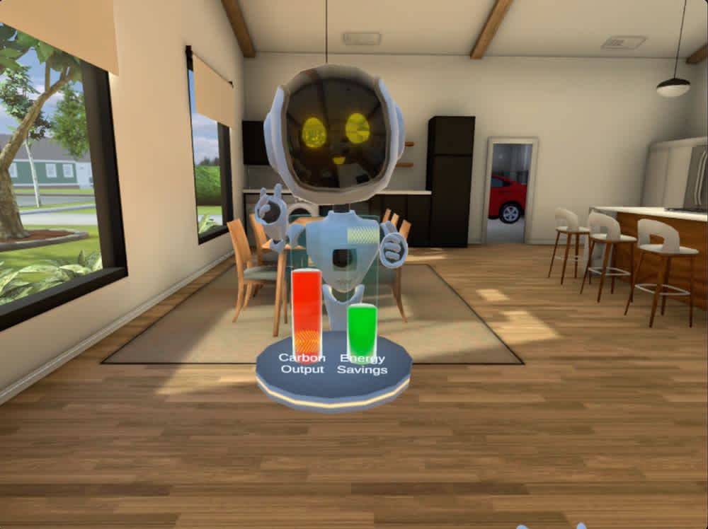 Robot showing carbon and energy savings meters in VR