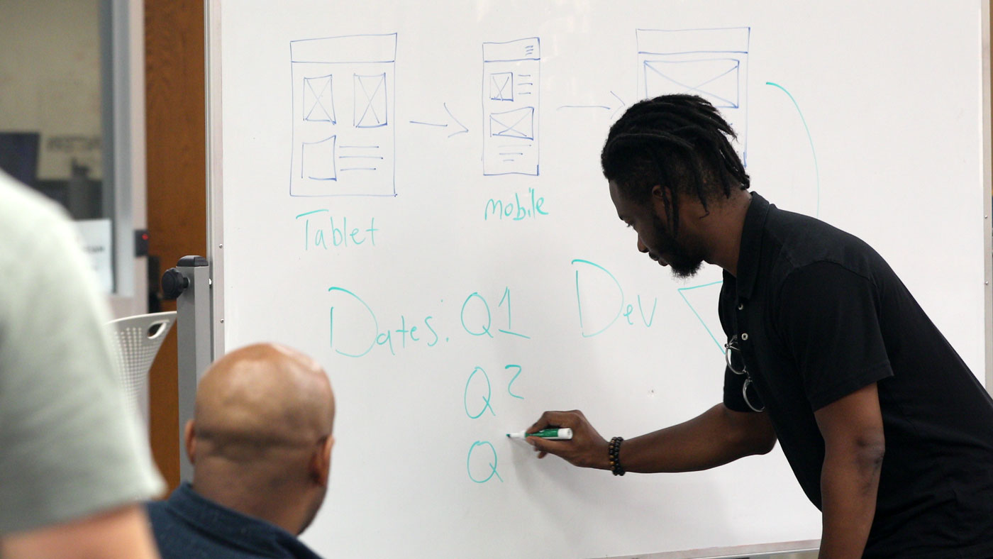 Image of UX Designer drawing wireframes on a whiteboard.