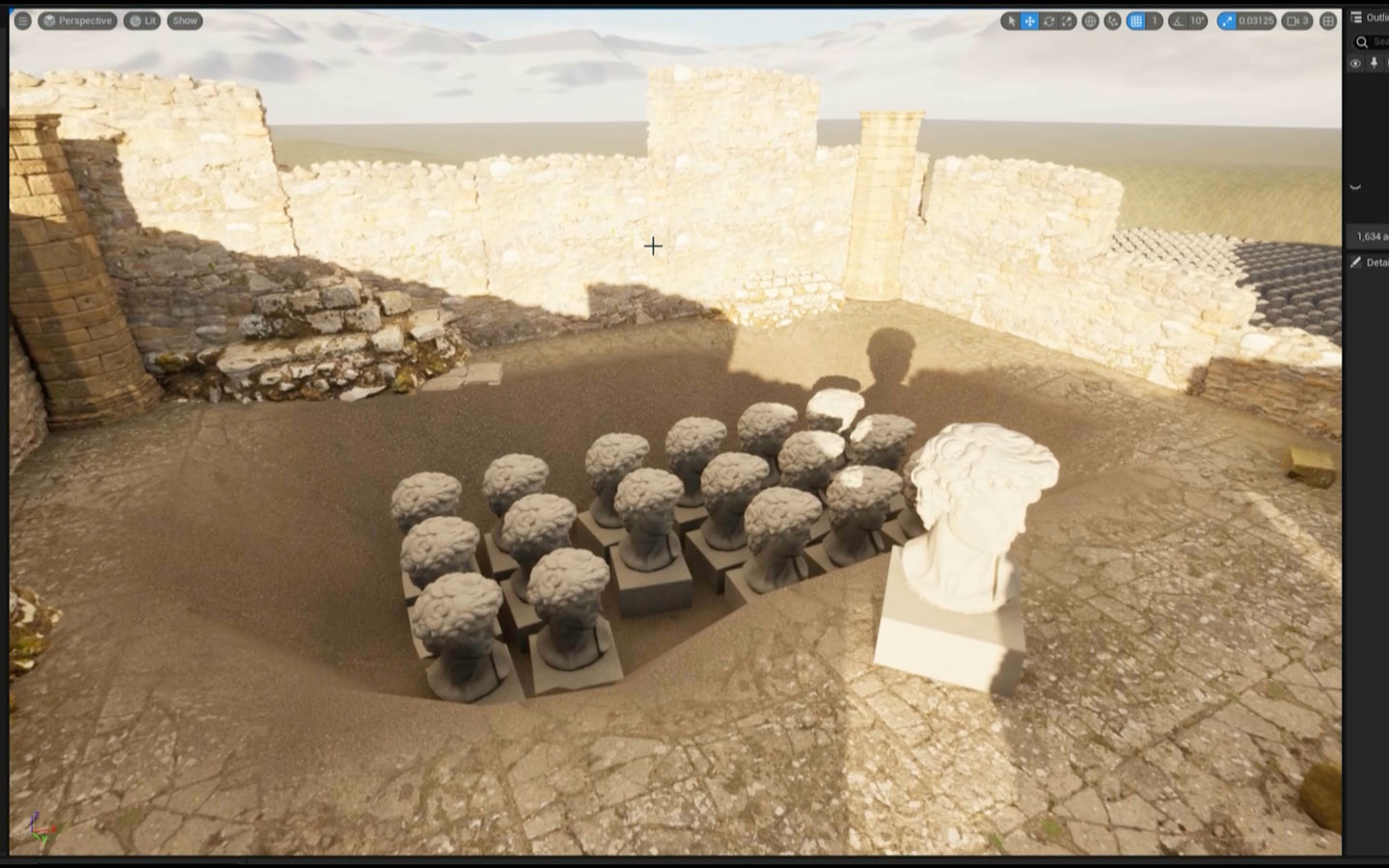 Screenshot from Unreal 5's Nanite feature showing statues in a desert 