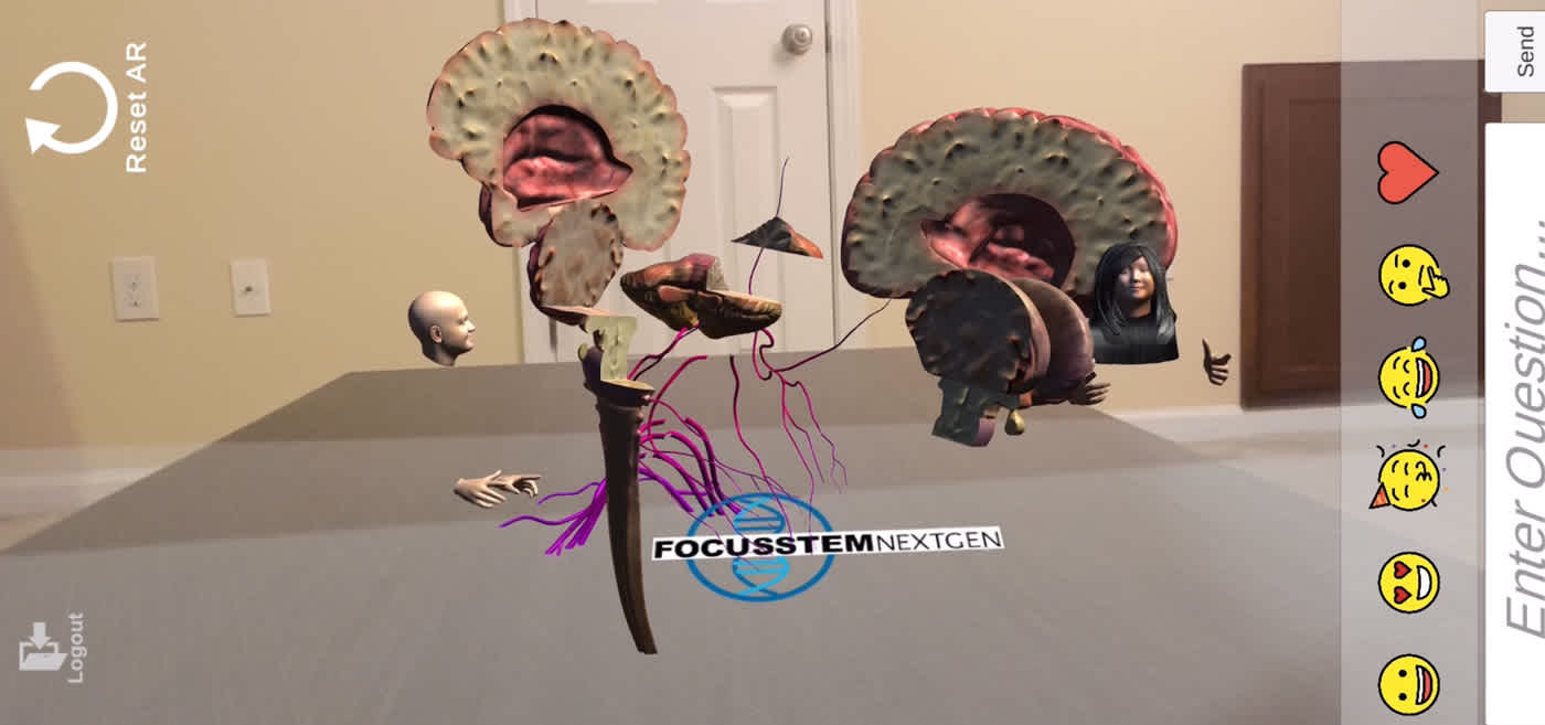 Screenshot from AR app for FSNG Summit showing two avatars and a 3d model of a brain