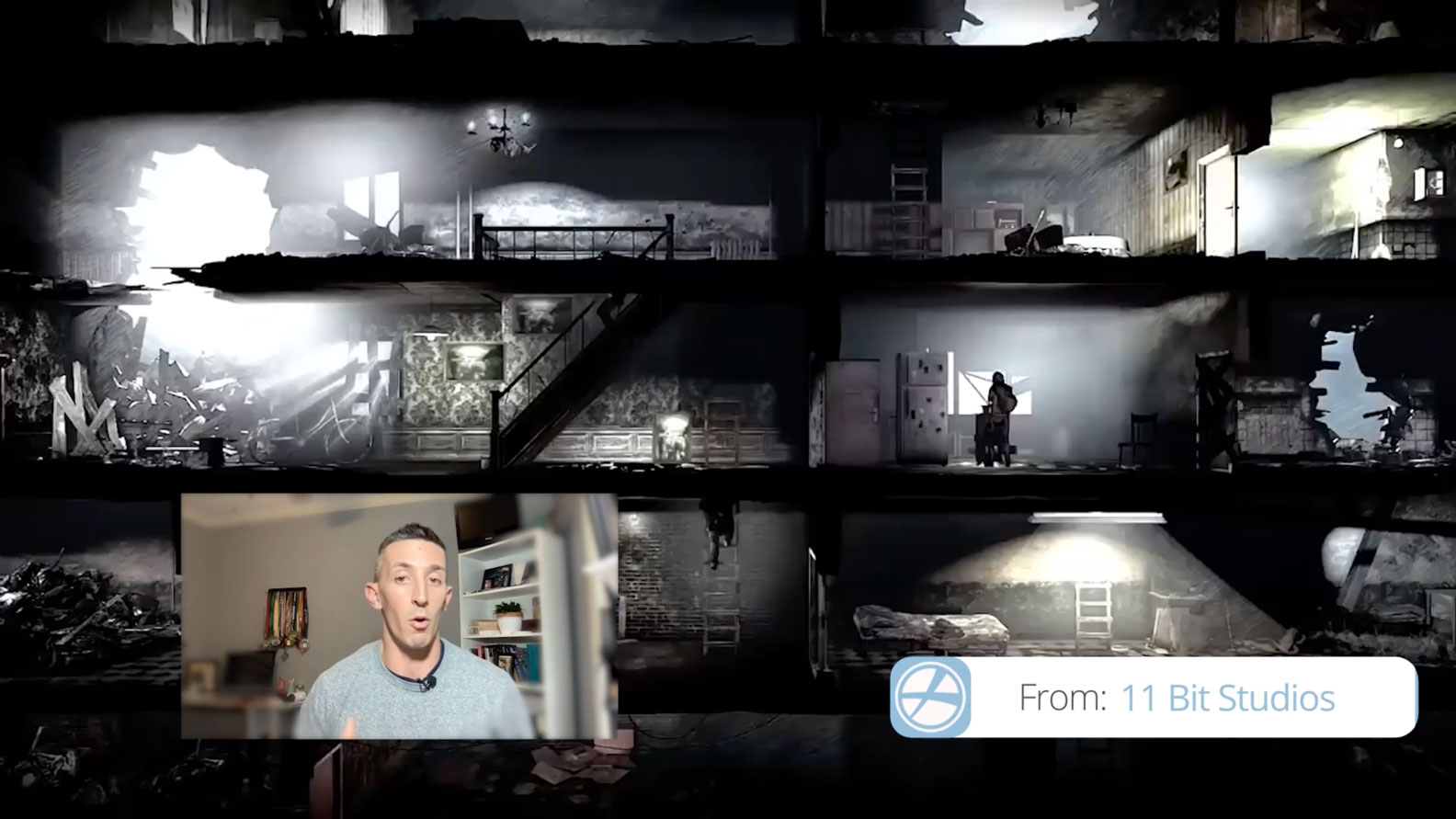 Shane is super imposed over footage of the game This War of Mine