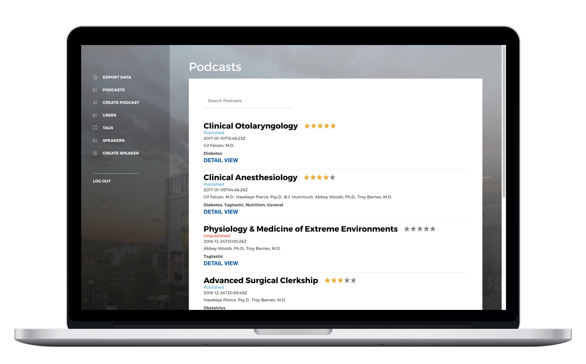 Duke podcasts app on laptop