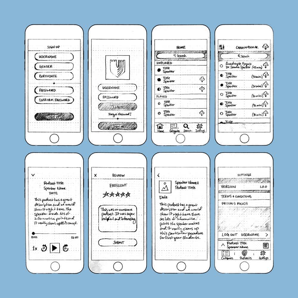 wireframes from the duke podcast app