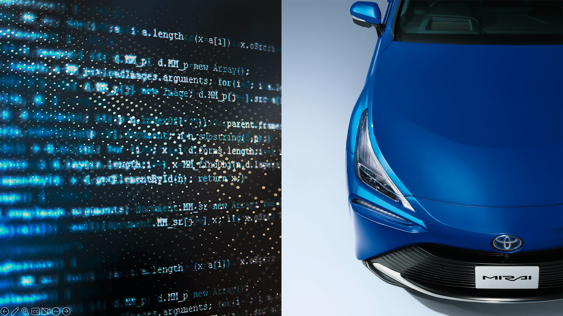 スプリット画像：左側は暗い背景に青みがかったコンピュータコードが表示され、テクノロジーやプログラミングのテーマを示しています。右側は白い背景に青いトヨタのミライ車両のフードの上から見た視点が描かれています。