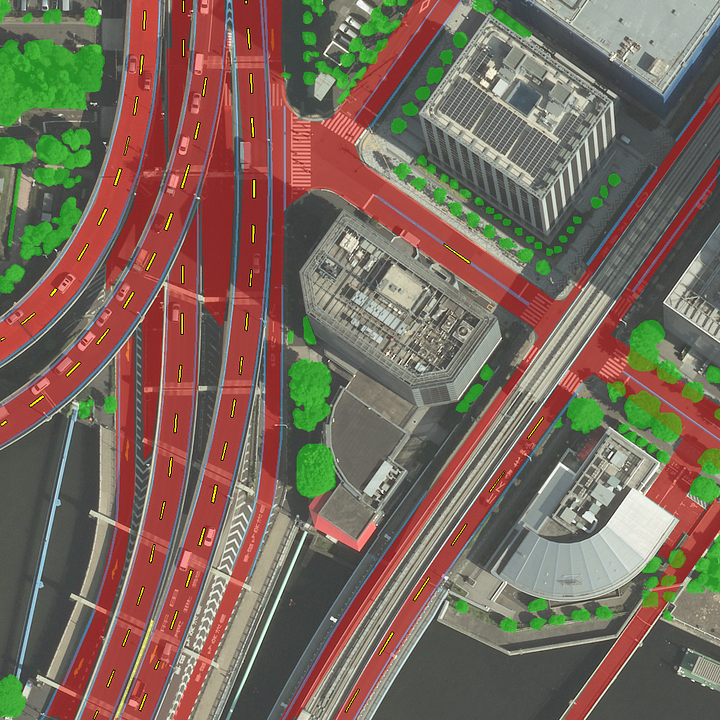 Annotated satellite imagery of road (red), trees (green), solid lines (blue), and lane marker (yellow)