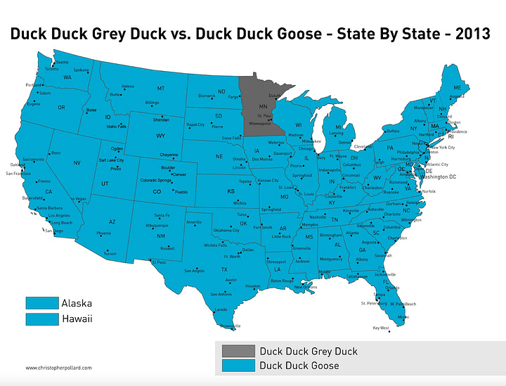 Map of the United States indicating which states say "Duck duck grey duck" verses "Duck duck goose"