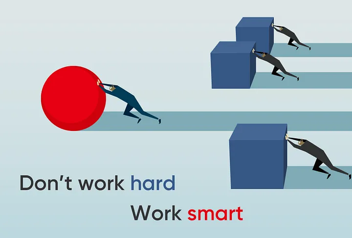 Illustration of a man pushing a large sphere while others are each pushing a large cube, conveying "Don't work hard, work smart".