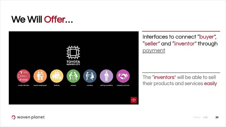 Slide with icons and text that reads: "We will offer interfaces to connect buyer, seller, and inventor through payment" and "The inventors will be able to sell their products and services easily"