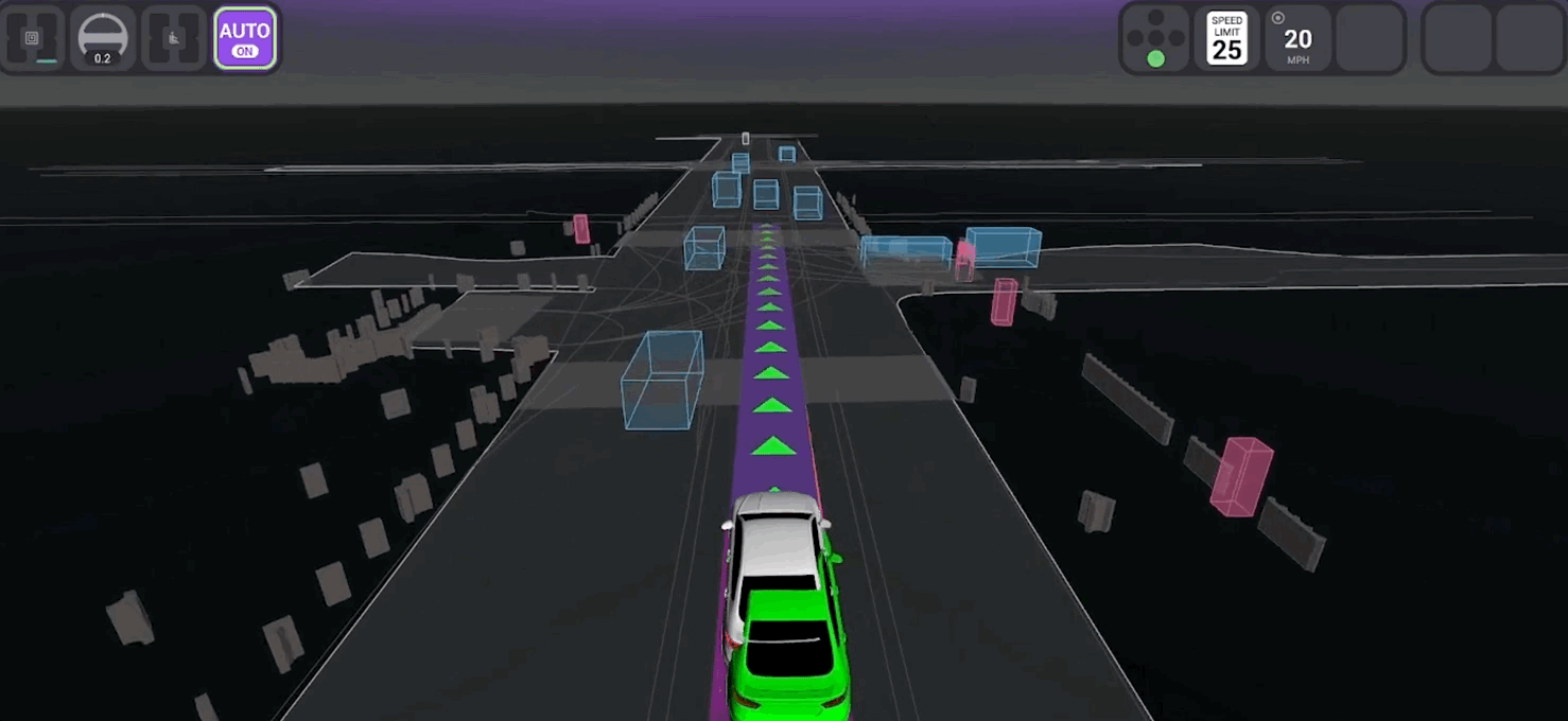 The ML Planner is reacting to a cut-in ahead of it. The green vehicle represents how the vehicle performed on the road, while the white vehicle shows how the vehicle controlled by our ML Planner reacted in simulation.