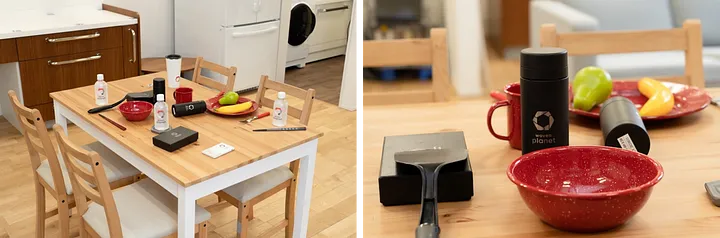 Left: Wide shot of a dining table with cups, water bottles, bowls, and utensils
Right: Close-up shot of a bowl, plate, and water bottle on a dining table