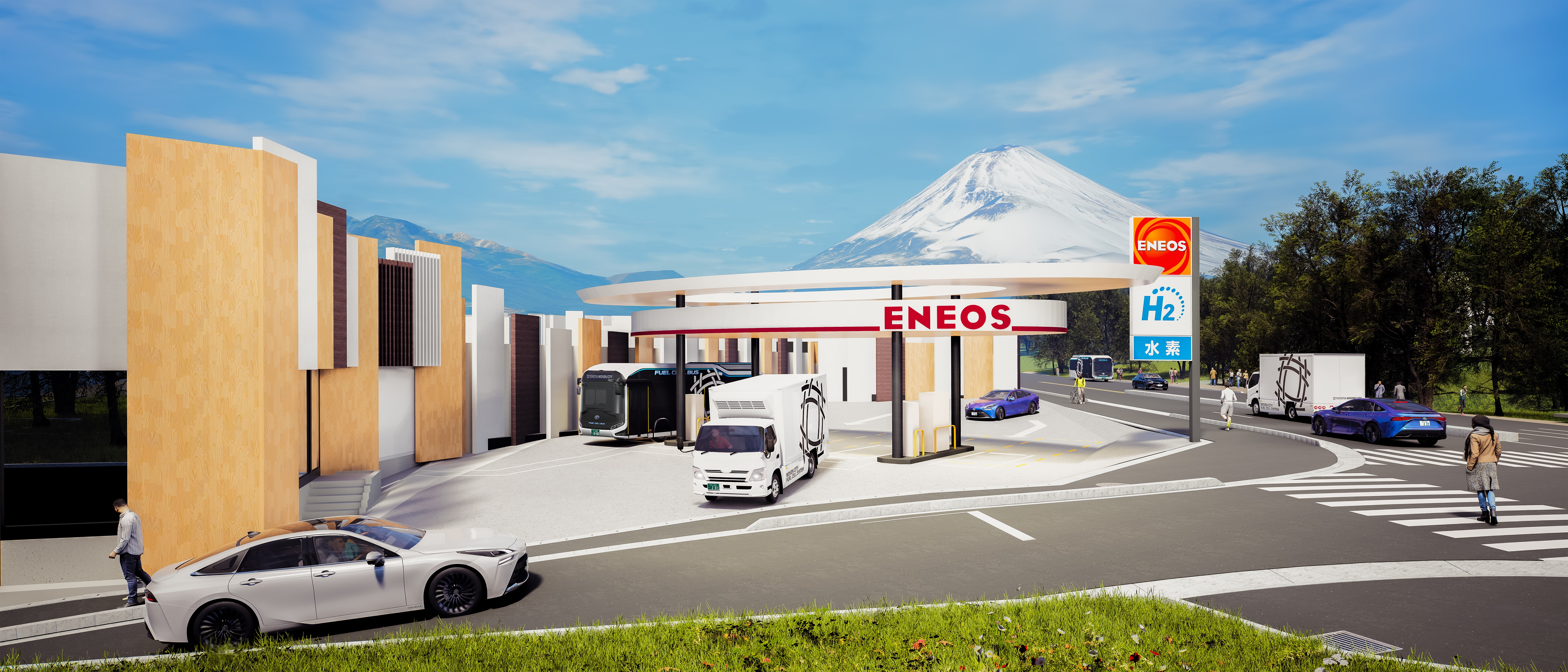 3D render of an Eneos hydrogen station near Mt. Fuji