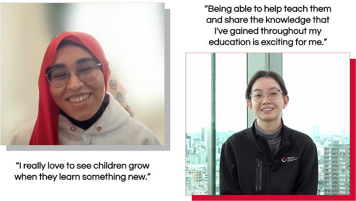 Two headshots of female Woven by Toyota employees with their quotes "I really love to see children grow when they learn something new" and "Being able to help teach them and share the knowledge that I've gained throughout my education is exciting for me."