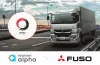 Logos of Woven Alpha and Fuso with an image of an AMP-equipped truck