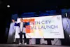 Toyota Chairman Akio Toyoda delivery a speech on stage at Woven City's official launch event