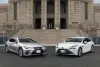 A Lexus and Toyota vehicle are side-by-side and stationary