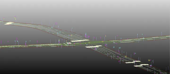 Visualized mapping data consisting of roads, poles, traffic lights, signs, and other objects